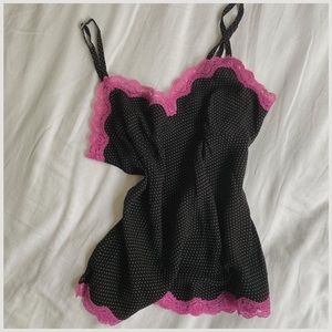 Silk black & white polka-dotted lingerie camisole with pink lace